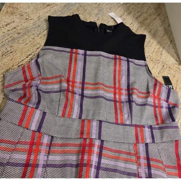 New! Mock Neck Purple Red Gray Plaid NY&Co. Dress Sz XL Pockets Academia Midi - Picture 8 of 16